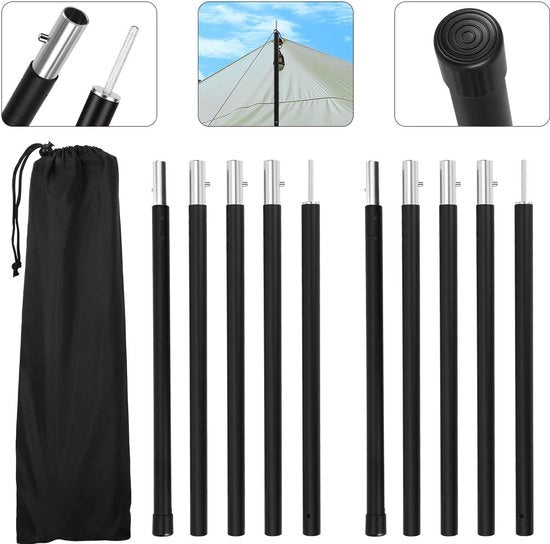 Polo di sostegno per tenda in alluminio 2 m nero - 2 pezzi con staffa pieghevole per campeggio e passeggio