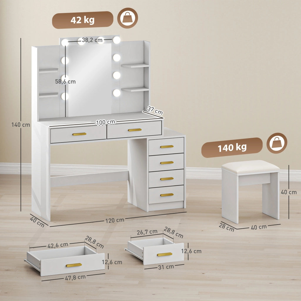 Cassettiera per trucco con specchio illuminato e sgabello imbottito ¨C zephmum ¨C bianco