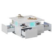 Tavolino da salotto con 4 Cassetti e 1 Vano semiaperto; LED; Finitura Lucida; in Pannelli di particelle; 70 × 70 × 40 cm; Bianco