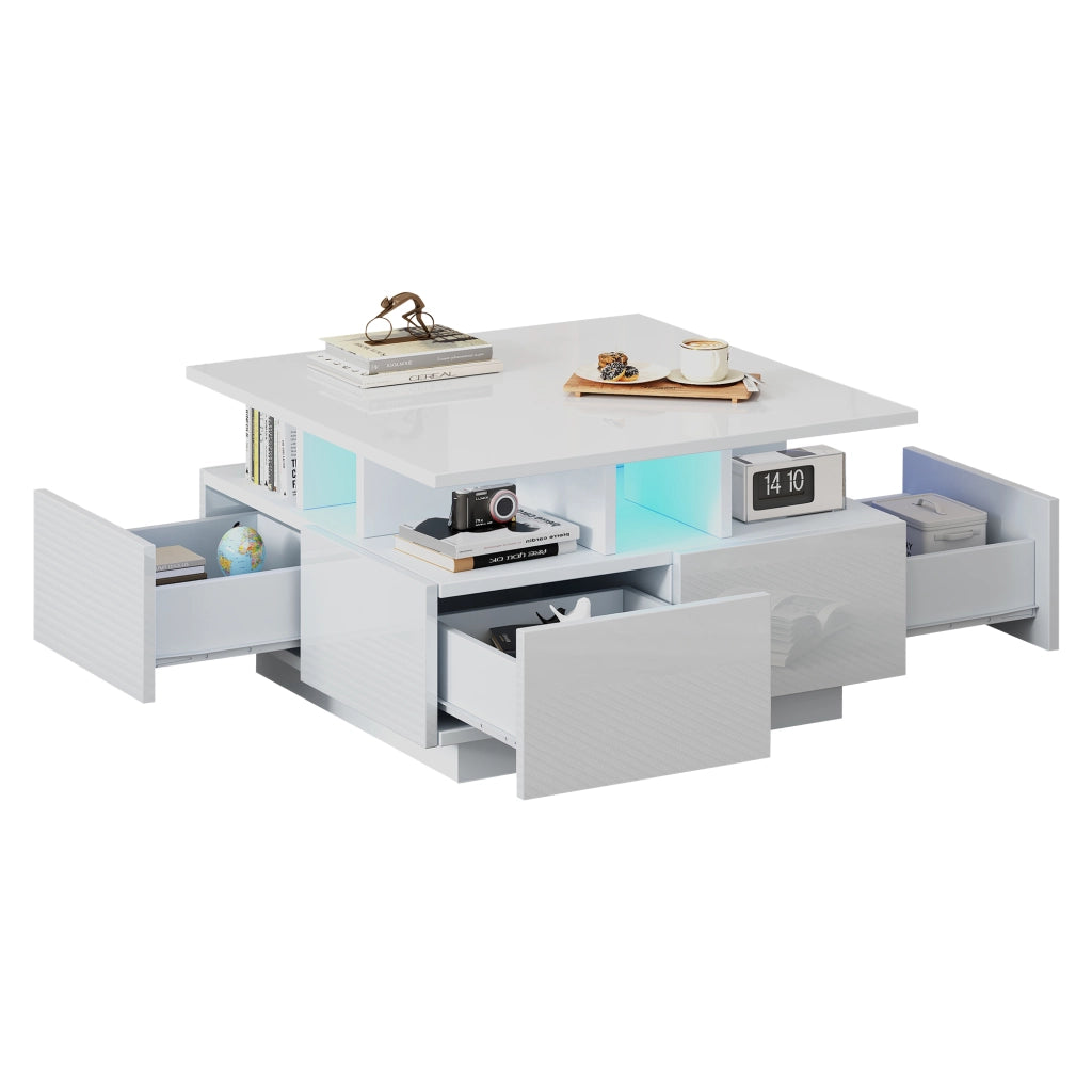 Tavolino da salotto con 4 Cassetti e 1 Vano semiaperto; LED; Finitura Lucida; in Pannelli di particelle; 70 × 70 × 40 cm; Bianco
