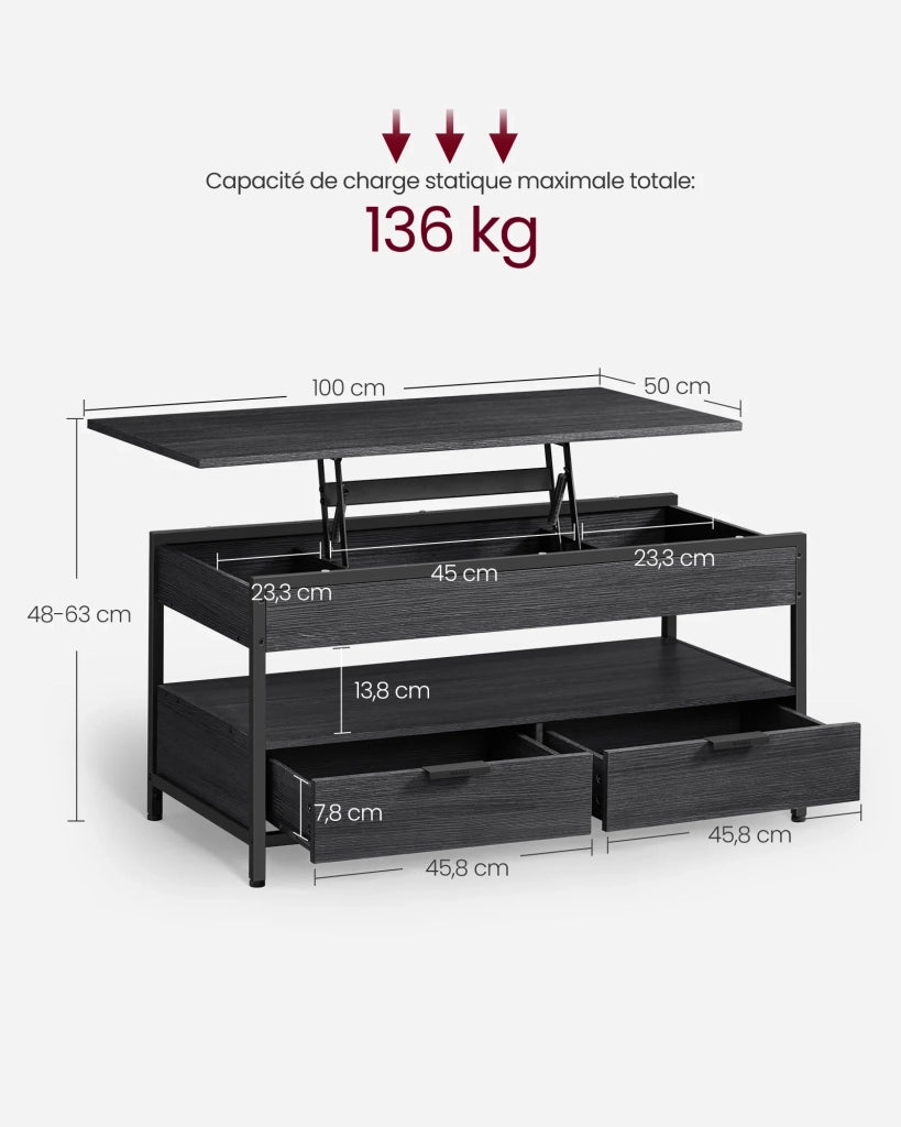 Tavolino da salotto con piano sollevabile da 50 x 100 cm cassetti portaoggetti con vano a giorno e vano nascosto 12_0007479