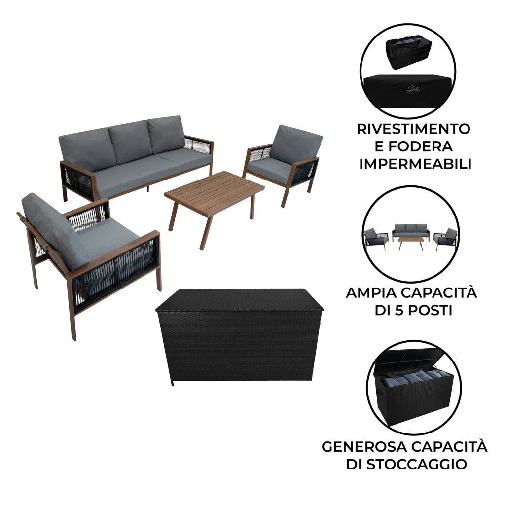 Set Mobili da Giardino 4pz Alluminio Effetto Legno con Cassapanca Rattan Nera 582L