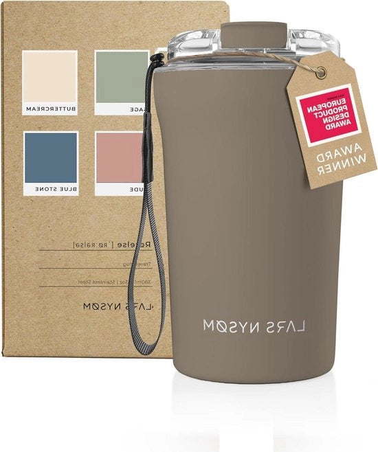 Tazza da Caffè Portatile con Cavo e Tappo in Tritan - 380ml - Senza BPA - Tazza da Viaggio - 038 Litri - Isolante - Impermeabile - Inox - Tazza Termica per Caffè e Tè - Colore Greige