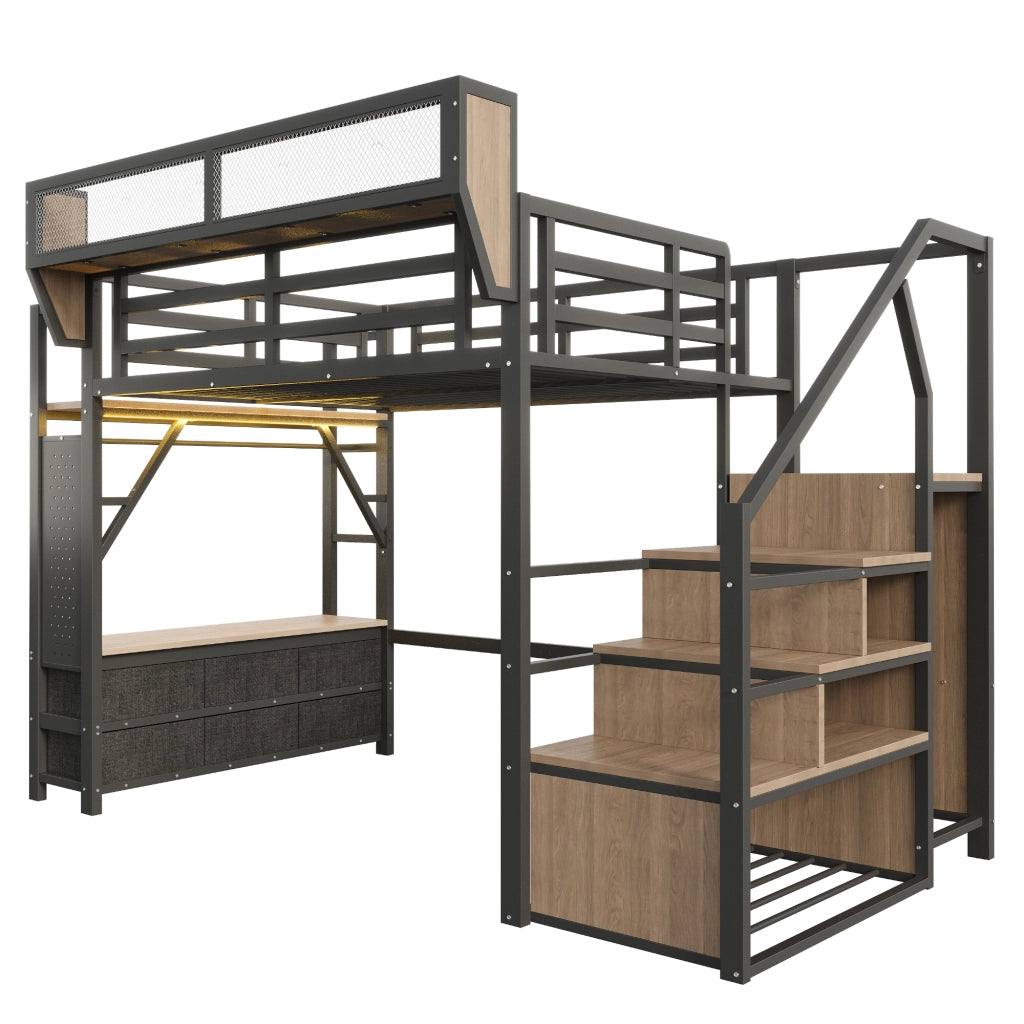 Letto a soppalco in metallo 140 x 200 cm con LED, scala laterale e ampio spazio contenitivo, nero