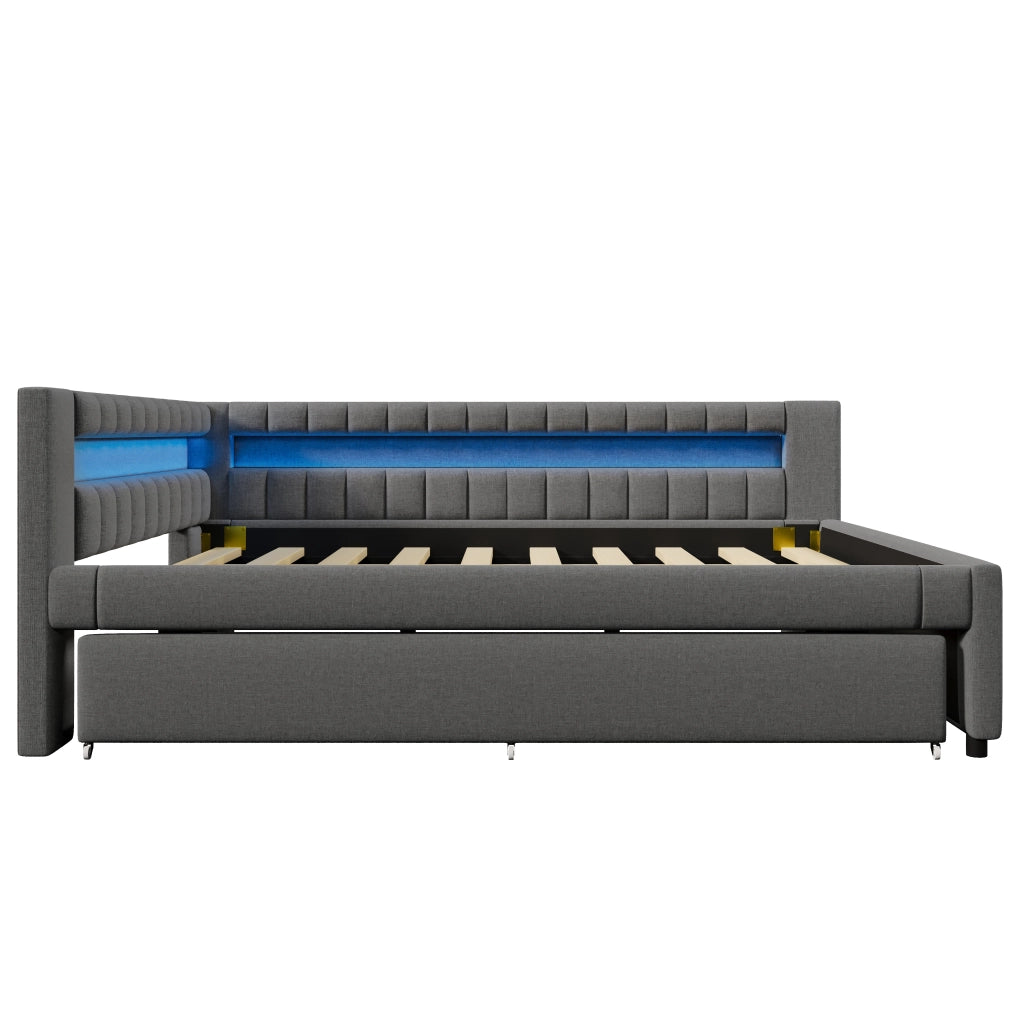 DESMIU Divano letto 140 × 200 cm 2 posti con LED, USB, Type-C e letto estraibile, senza materasso, grigio