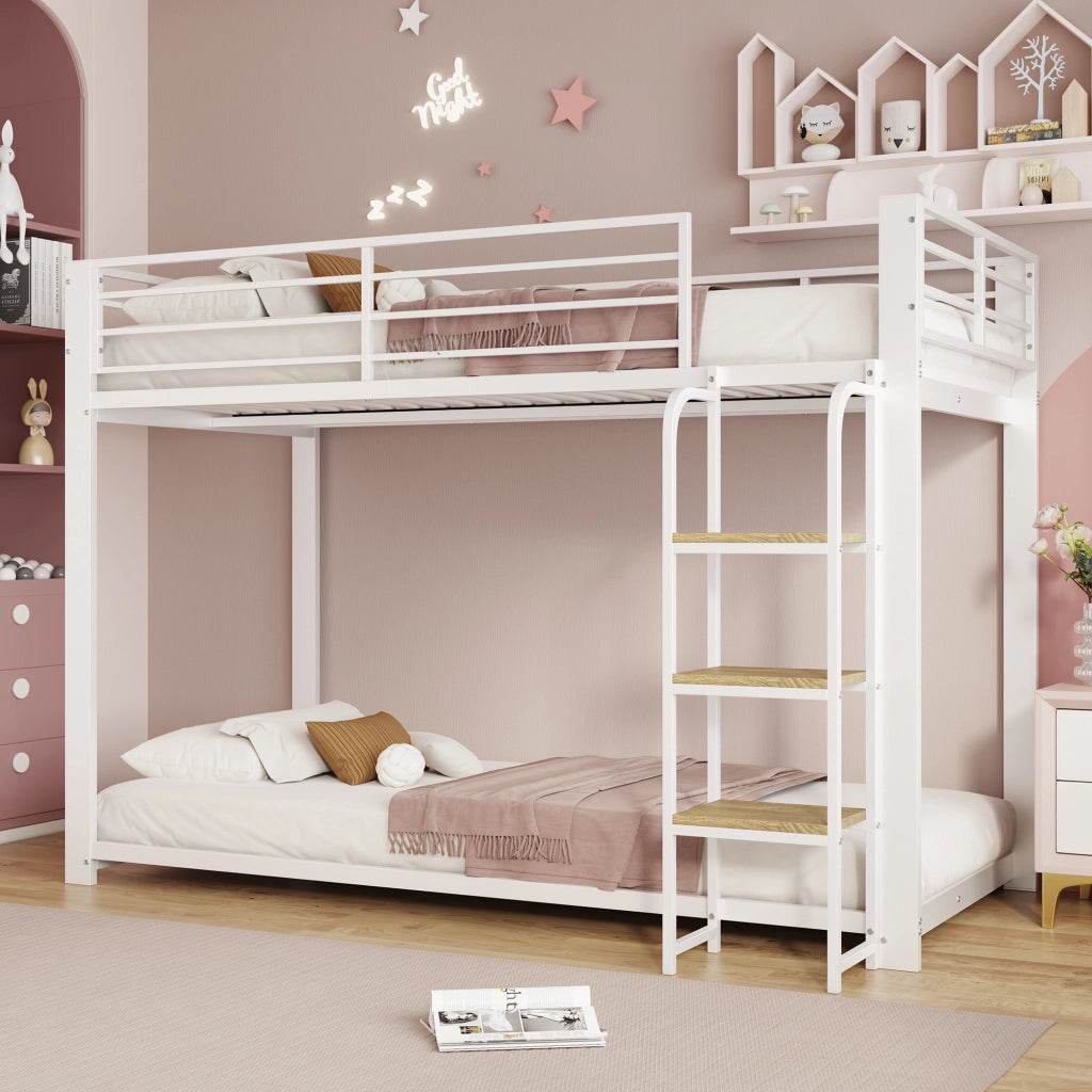Letto a castello 90 × 200 cm 2 posti con scala integrata e mensole, senza materasso, in metallo e MDF bianco noce
