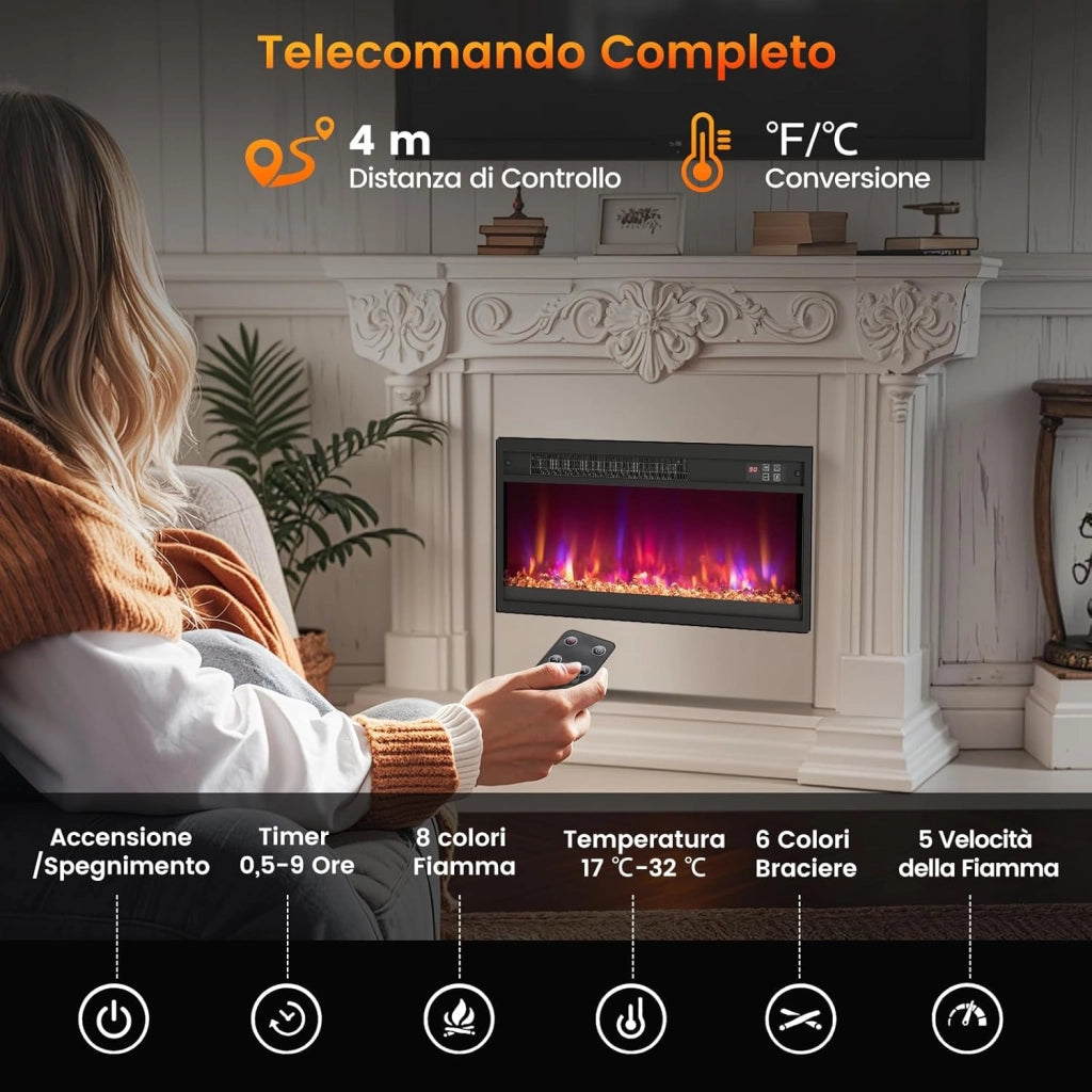 Caminetto Elettrico da Incasso, Inserto Camino Elettrico con Riscaldamento 1500W, Telecomando, Timer 0,5-9H, Effetto Fiamma Regolabile, Termostato e Protezione da Surriscaldamento (49x12x45cm)
