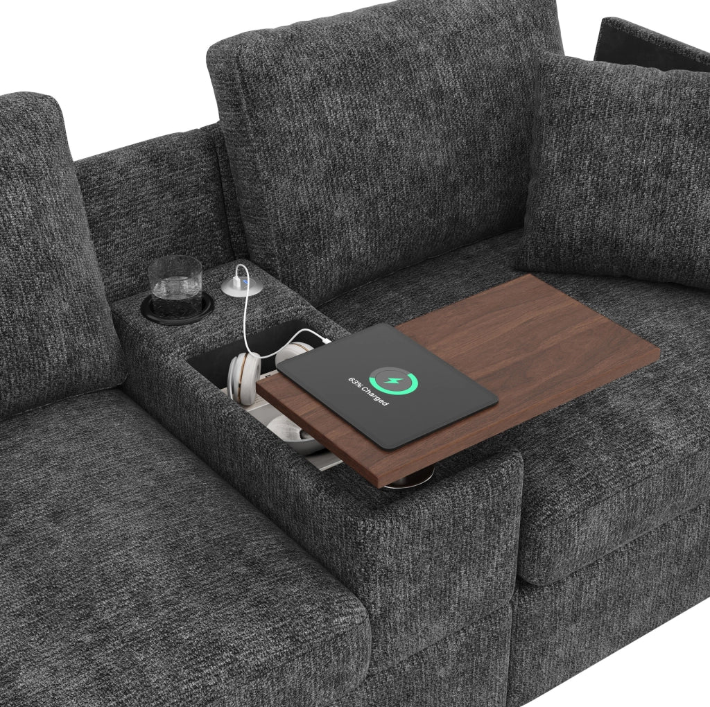 Divano modulare angolare 5-6 posti con pouf; tavolino girevole 360°; USB/Type-C; ciniglia grigia