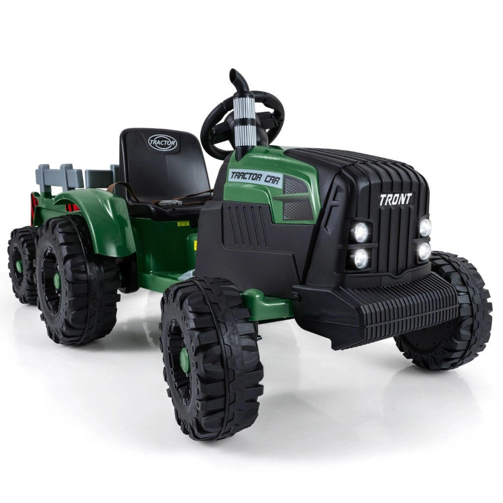 Trattore a pedali elettrico 24v per bambini veicolo con rimorchio staccabile-Trattore pedali per bambini partenza morbida Verde scuro