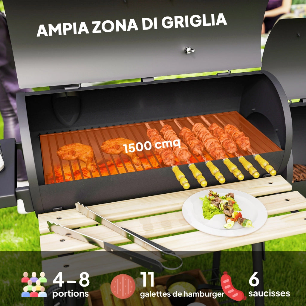Barbecue a Carbone con Coperchio e Affumicatore. BBQ da Giardino con Ripiani e Ruote 124x53x104 cm. Nero