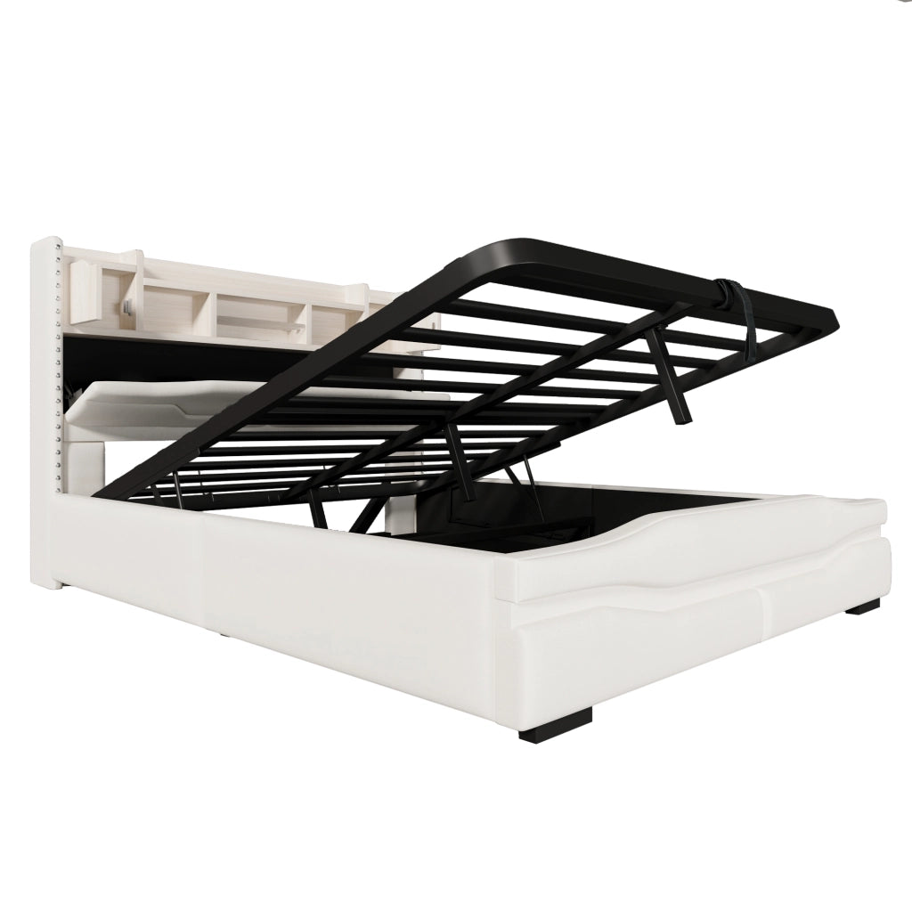 Letto matrimoniale 160x200 cm, con prese di ricarica, luci a LED, vano portaoggetti, beige