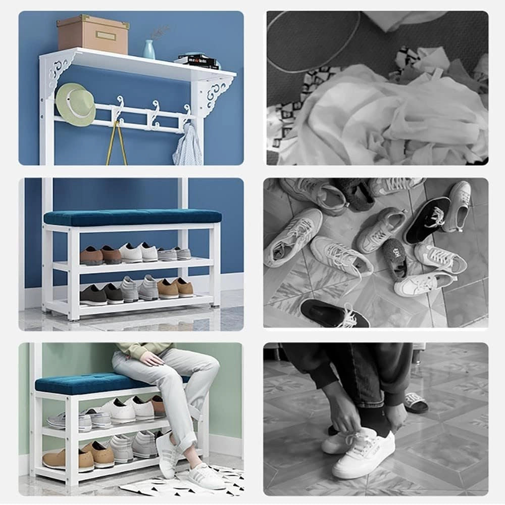 Appendiabiti in Metallo con Panca per Scarpe, 11 Ganci e 2 Ripiani per Scarpe, Moderno Organizer per Ingresso Industriale per corridoi, soggiorni, Facile da Montare, 100 x 30 x 172 cm