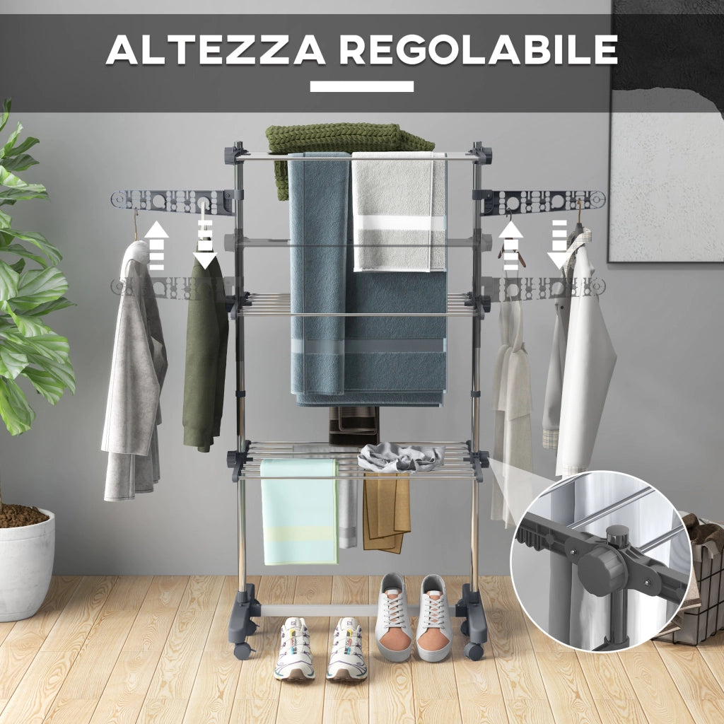 Stendino Verticale con 3 Ripiani Regolabili, in Acciaio e Plastica, 142x55x152 cm, Grigio e Argento