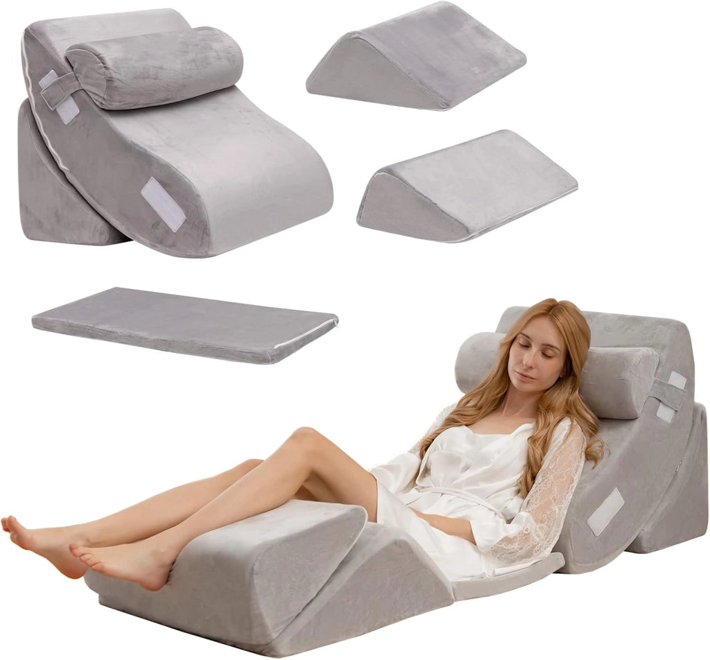 Set di 4/6 Cuscini Regolabili a Cuneo, Cuscino a Cuneo per Letto in Memory Foam, per Alleviare il Dolore alla Schiena Collo e alle Gambe, Poggiatesta Rimovibile, Grigio (4 Pezzi)