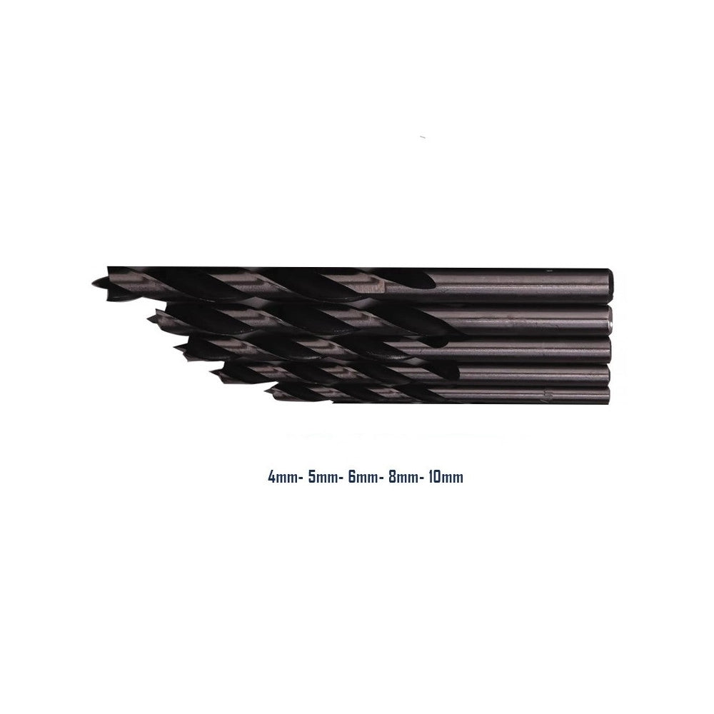 Trade Shop - Set 5 Punte Punta Trapano A Spirale Nero 4-5-6-8-10 Mm Torcere Foro Trivella -