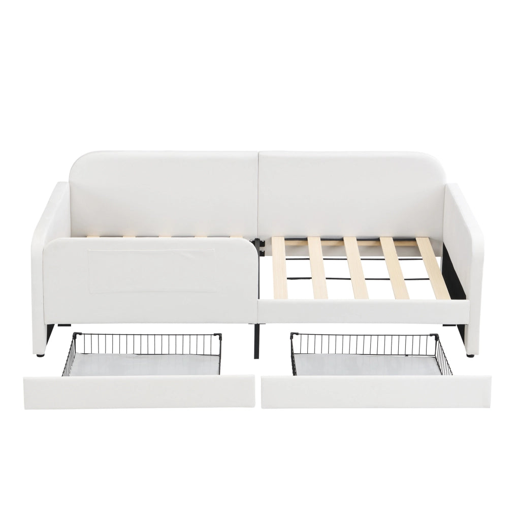 Letto imbottito 90x200 cm con contenitore e tasche in velluto bianco