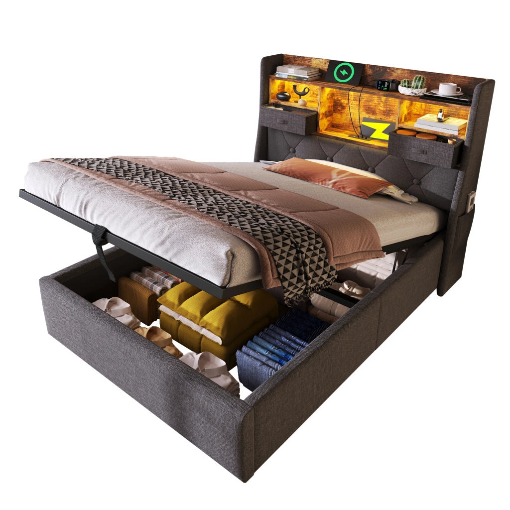 Letto imbottito 90x200 cm con contenitore idraulico, LED e prese USB/Type-C, con materasso, grigio