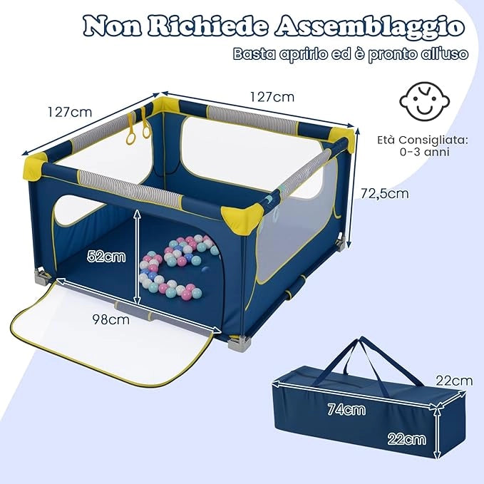 Box per Bambini 127 x 127 cm, Recinto per Bambini Pieghevole in Tessuto Oxford con Rete Traspirante, Box con Giochi che Include 50 Palline, 4 Pezzi Anelli e Borsa (Blu, 127 x 127 cm)