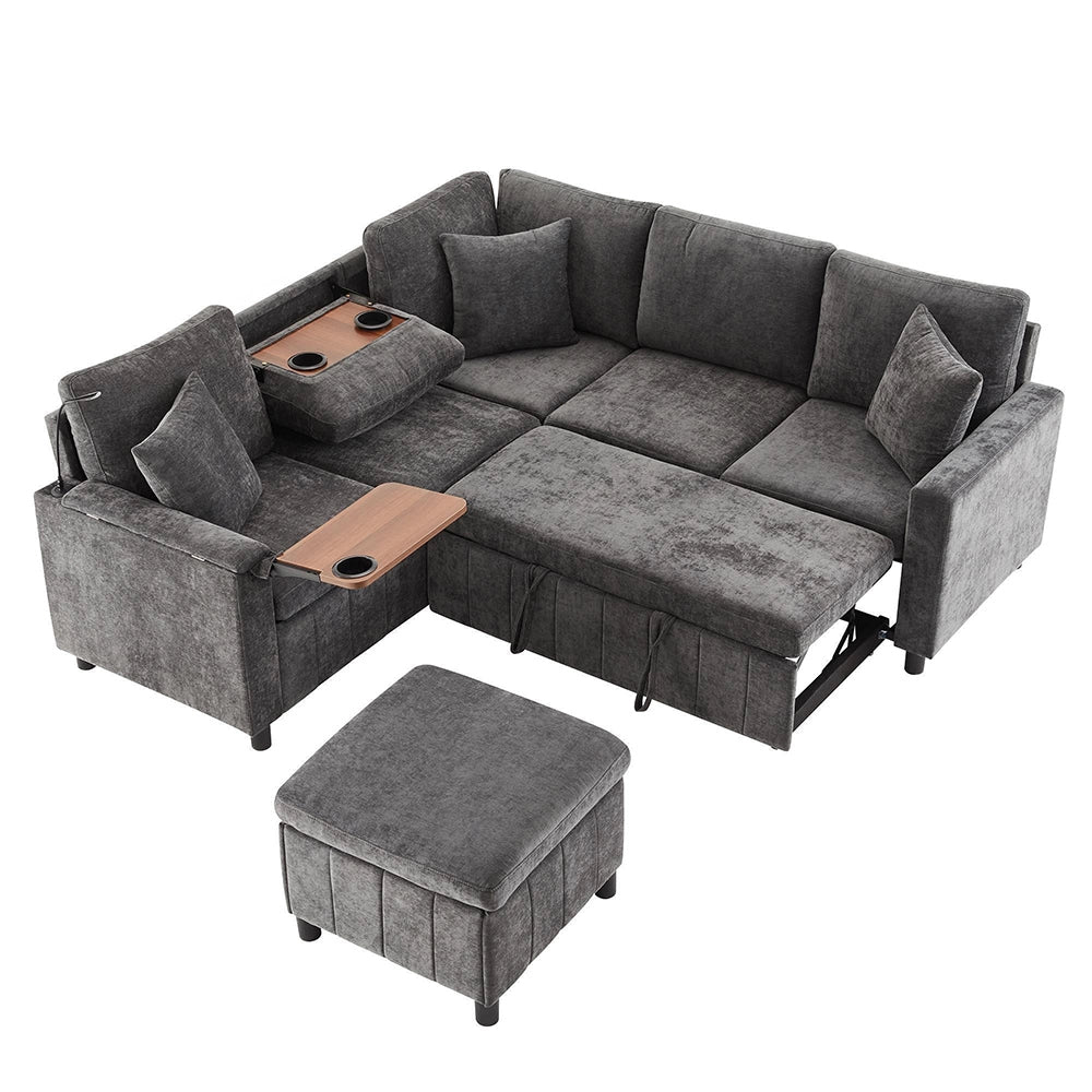 Divano angolare in chenille letto - Xylo - 205¡Á205¡Á85cm - Grigio - USB Type-C luce lettura tavolo