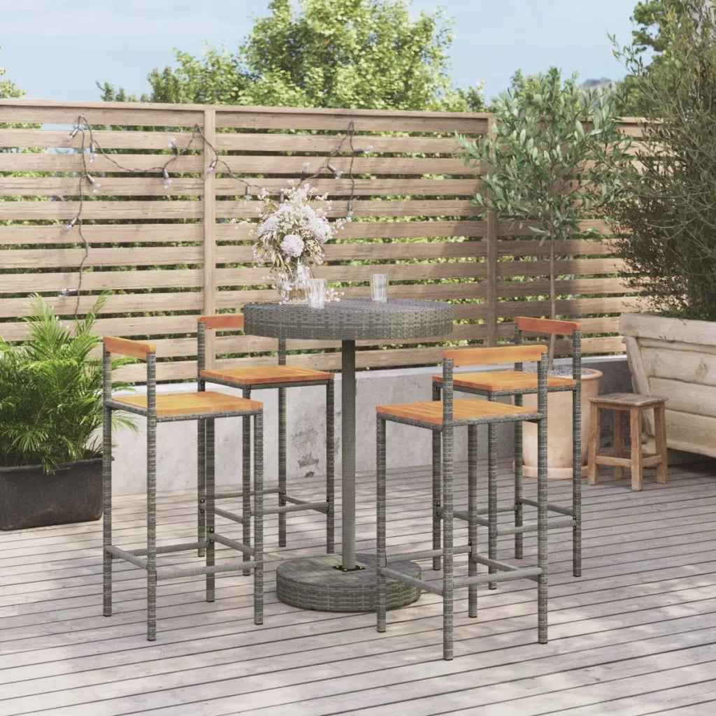 Set Bar Giardino 5pz | Set Salotto da Giardino Grigio Polyrattan e Legno Massello Acacia