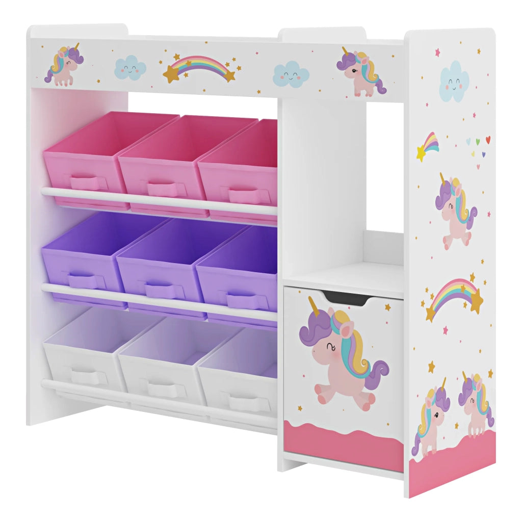 Scaffale dal design senza tempo per soggiorno camera da letto mobiletto per bambini con motivo unicorno 80 x 90 x 30 cm bianco viola rosa 03_0011222