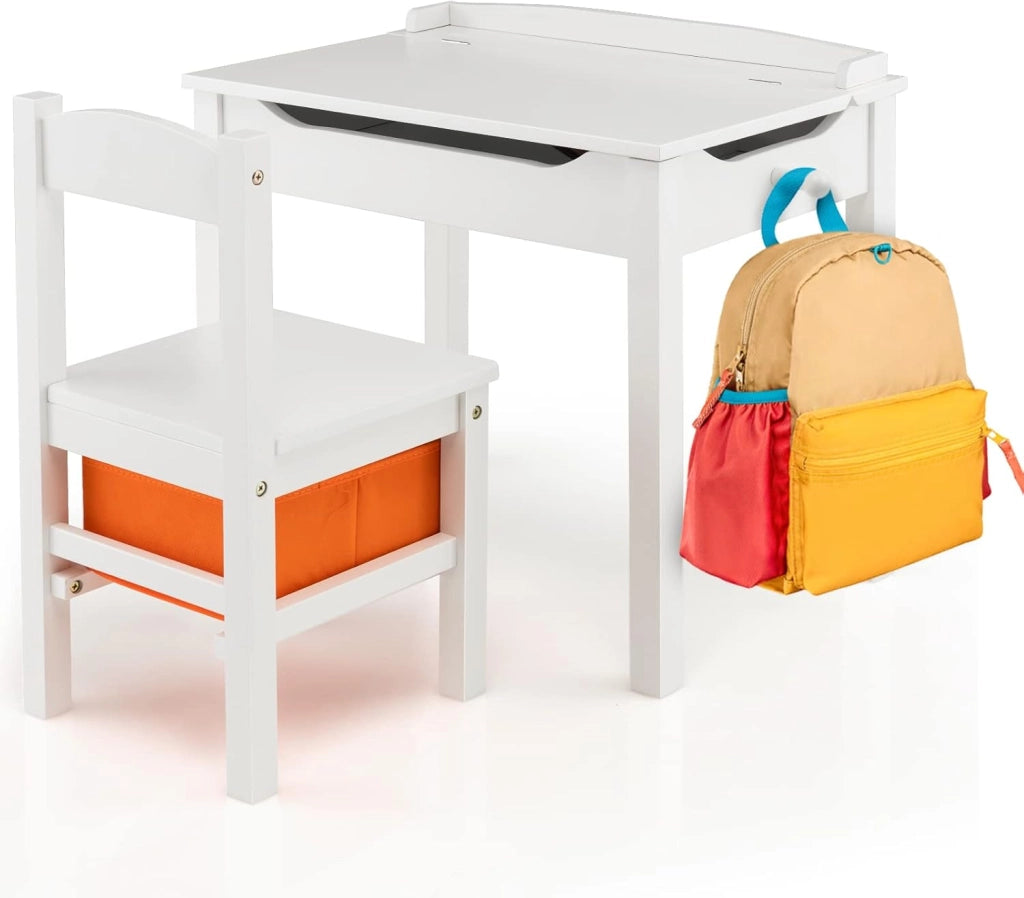 Set Tavolo e Sedia per Bambini, Scrivania Ribaltabile con Sedia per Bambini in Legno, con Cassetto e Gancio Estraibile, Bianco/Naturale (Bianco)