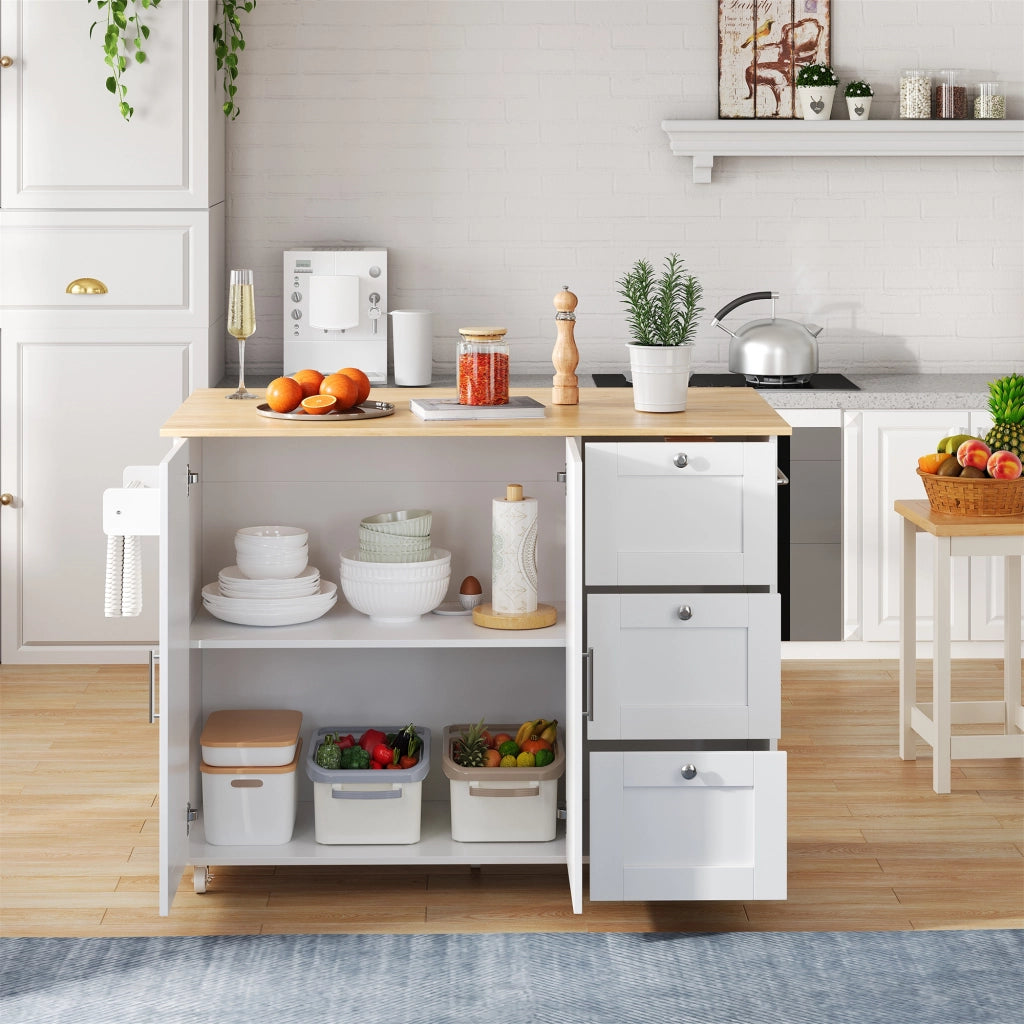 Carrello cucina mobile con piano pieghevole 135x44(70)x90 cm, 3 cassetti, armadietto a 2 ante, bianco/naturale