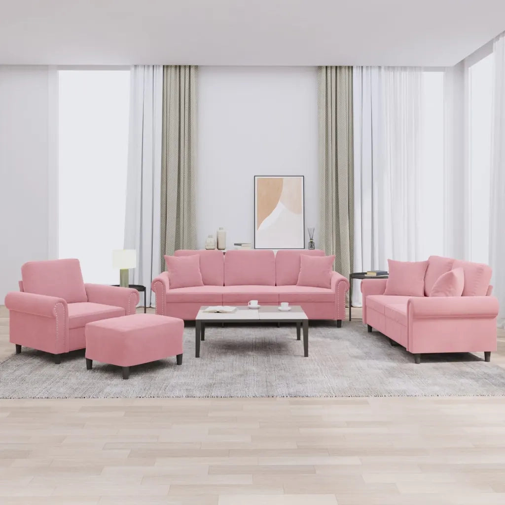 Set di Divani 4 pz con Cuscini Rosa in Velluto