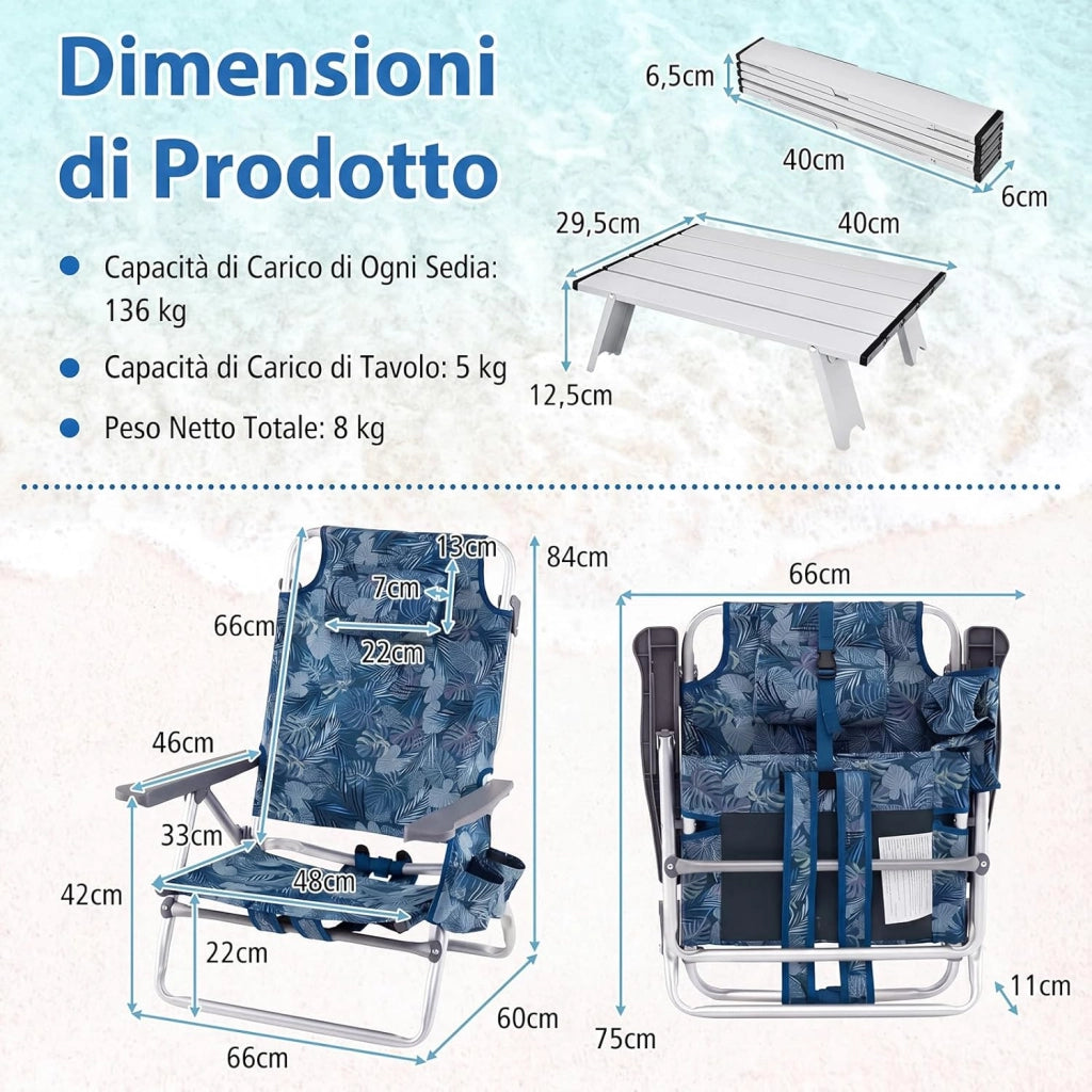 Set di 2 Sedie e Tavolino da Spiaggia Pieghevole, Schienale Regolabile a 5 Livelli, con Portatesta, Borsa Portaoggetti, Borsa Termica, per Campeggio Picnic Esterno (Blu Scuro, Modello 2)