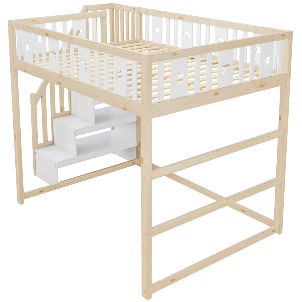 Hochbett per bambini 140x200 cm con scala e ripiani; in legno massello bianco/naturale