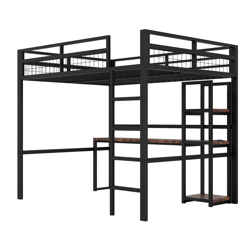 Letto a castello nero in metallo con scrivania e ripiani 140x200 cm