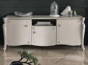 Porta tv luna in legno massiccio bianca con rilievo