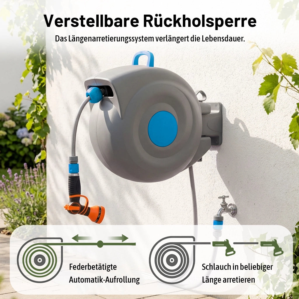 Avvolgitubo da giardino automatico da 30 m, montaggio a parete, pistola a spruzzo 9 in 1, resistente ai raggi UV e al gelo, girevole a 180¡ã ¨C