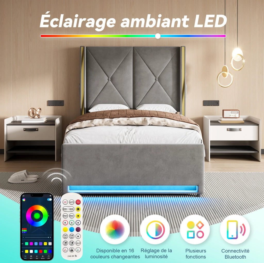 Letto contenitore 90x200 cm in velluto grigio scuro con LED; USB/Type-C e tasche laterali