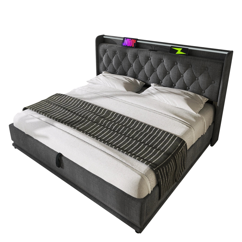 Letto imbottito matrimoniale 140x200 cm con illuminazione LED 360°, ricarica USB Tipo-C, contenitore idraulico e rete a doghe, grigio