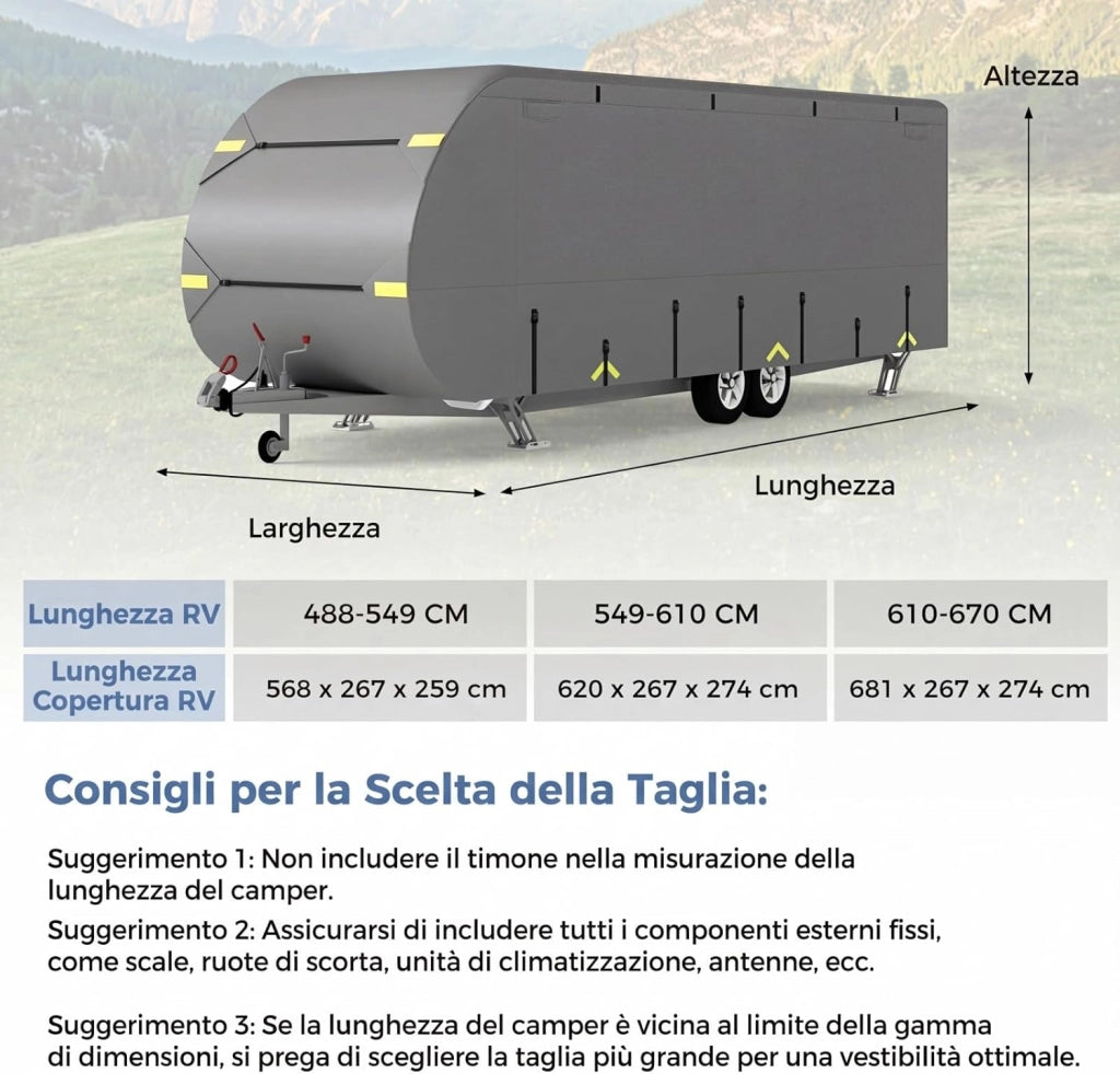 Telo Copri Roulotte, Copertura per Camper in Tessuto non Tessuto, con Cinghie, Toppe di Riparazione e Borsa da Trasporto, Impermeabile e Antivento (493 x 260 x 250 cm)