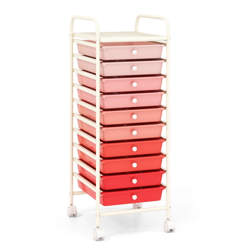 Carrello cassettiera multiuso con 10 cassetti da cucina, Contenitore con ruote a 10 ripiani per bagno Rosa-Armadi da ufficio