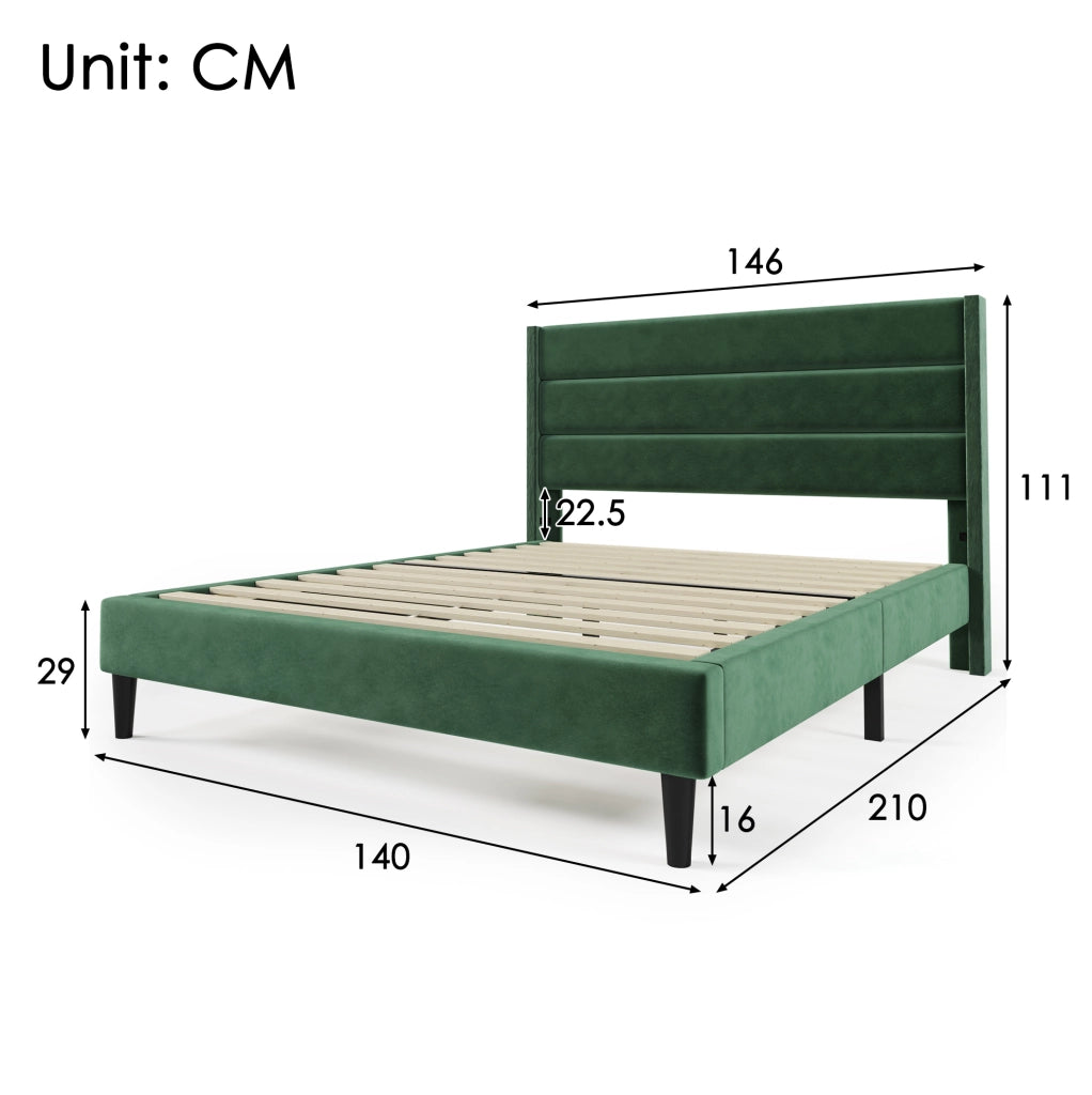 Letto imbottito 140x200 cm con rete a doghe e testiera; velluto verde scuro