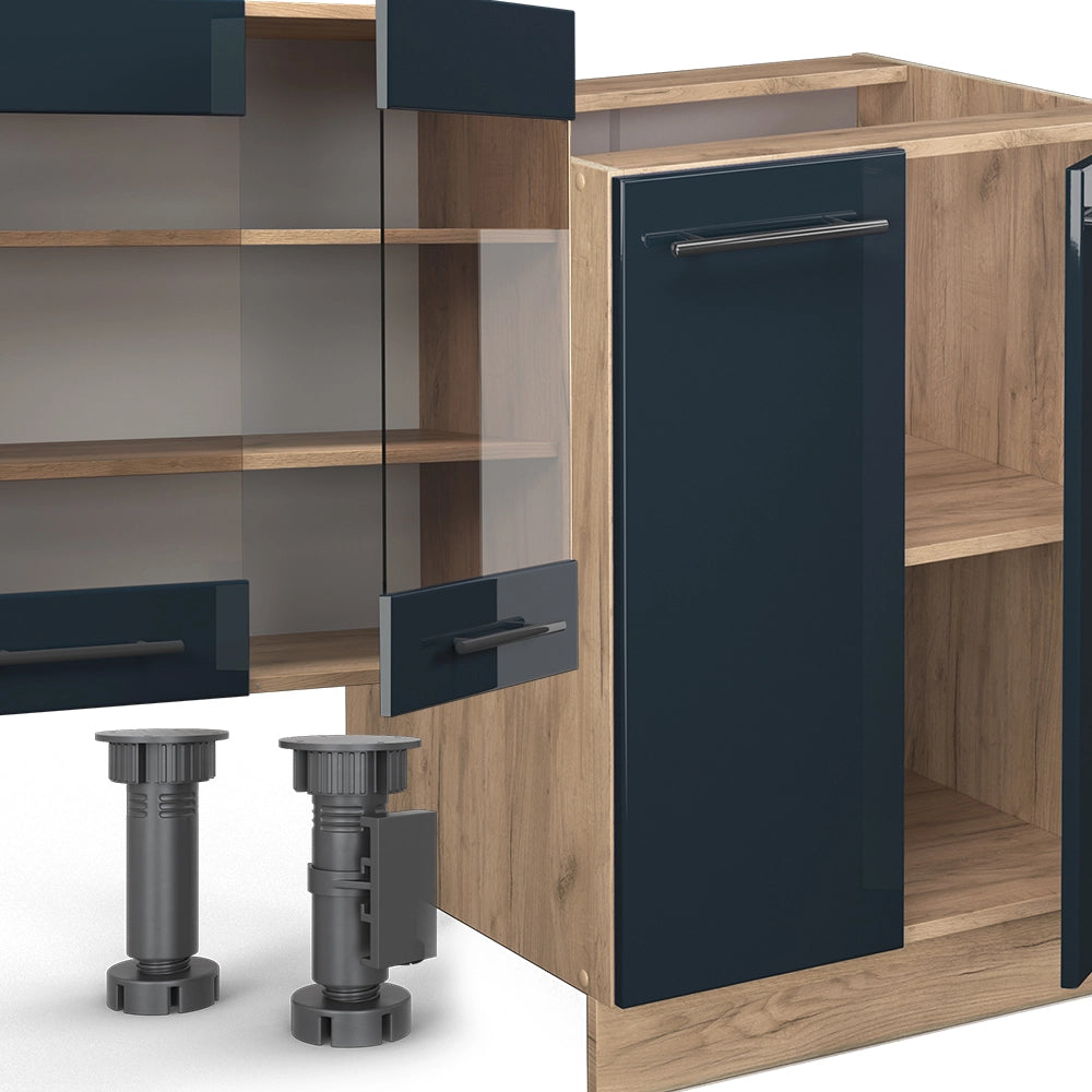 Cucina componibile Fame-Line Blu scuro lucido/Rovere dorato 300 cm con armadio alto, PL Antracite Vicco