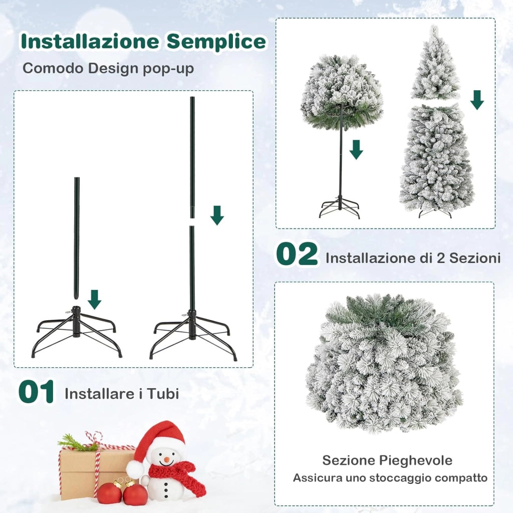 Albero di Natale Innevato 150/180/210 cm, Albero di Natale Pop-Up con 130/170/200 Luci LED, Aghi di Pino, 378/517/680 Punte di Rami, Sezione Pieghevole e Supporto in Metallo (180 CM)