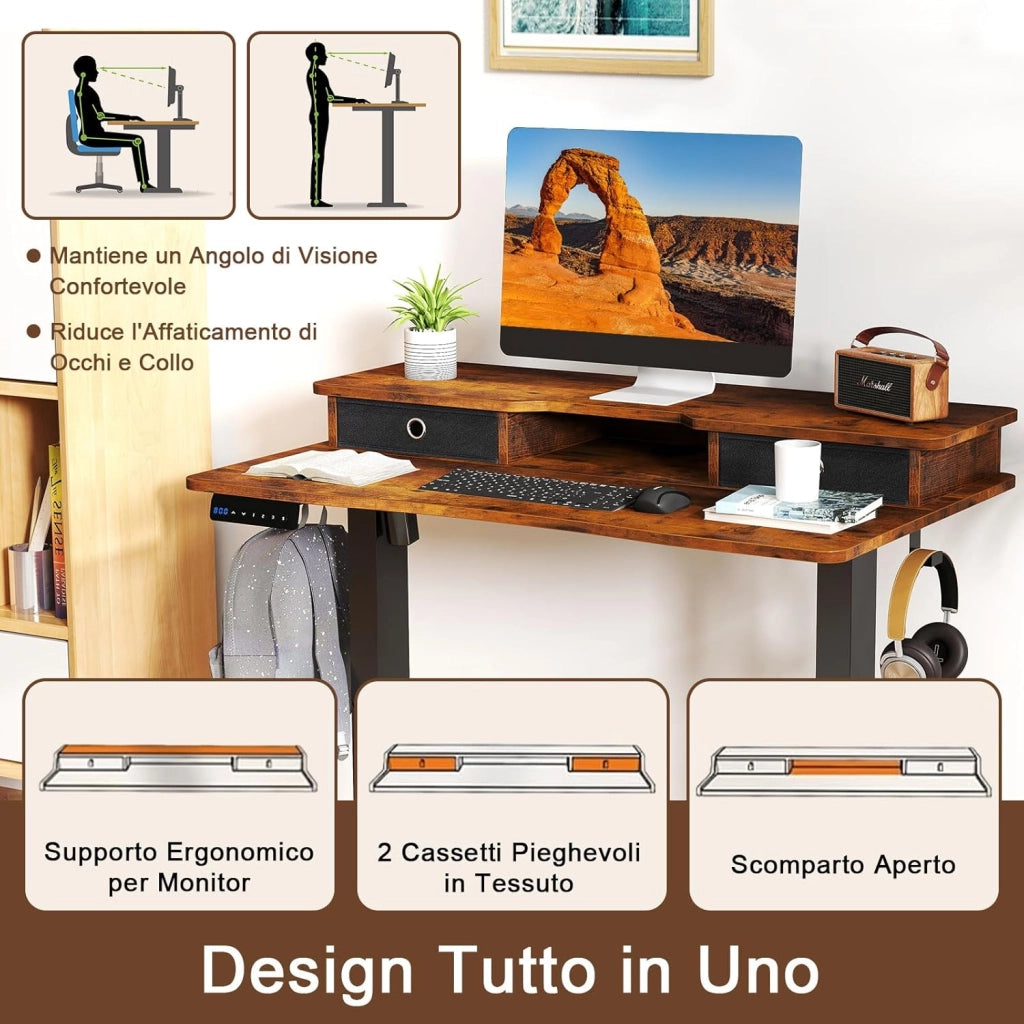 Scrivania Regolabile in Altezza con 2 Cassetti, Scrivania con Supporto per Monitor, Mensola, 2 Ganci e 3 Altezze Preimpostate, Tavolo da Lavoro per Ufficio, Studio e Camera da Letto (Marrone)