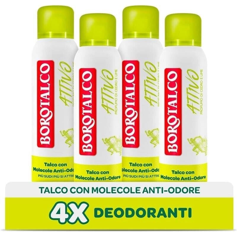 BOROTALCO SET 4 DEODORANTI SPRAY INVISIBILE GIALLO NO ALCOOL CON TALCO MOLECOLE ANTI ODORE 150 ML NEW ATTIVO