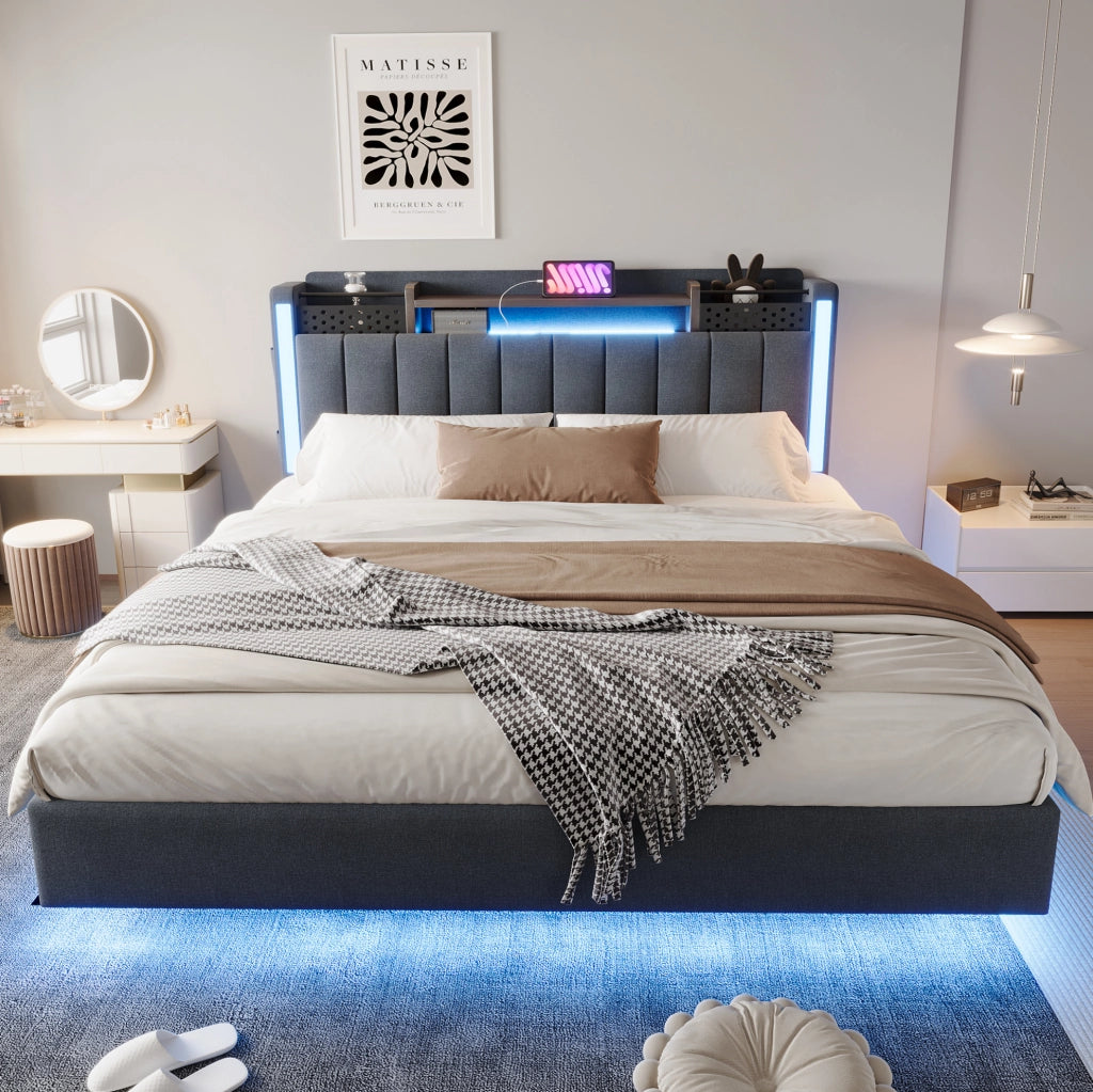 Letto imbottito 160x200 cm; testiera con USB e LED; contenitore; tessuto grigio (Senza materasso)