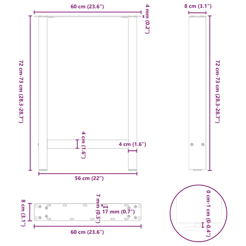 Gambe per tavolo da pranzo antracite 2 pz 60x(72-73) cm in acciaio