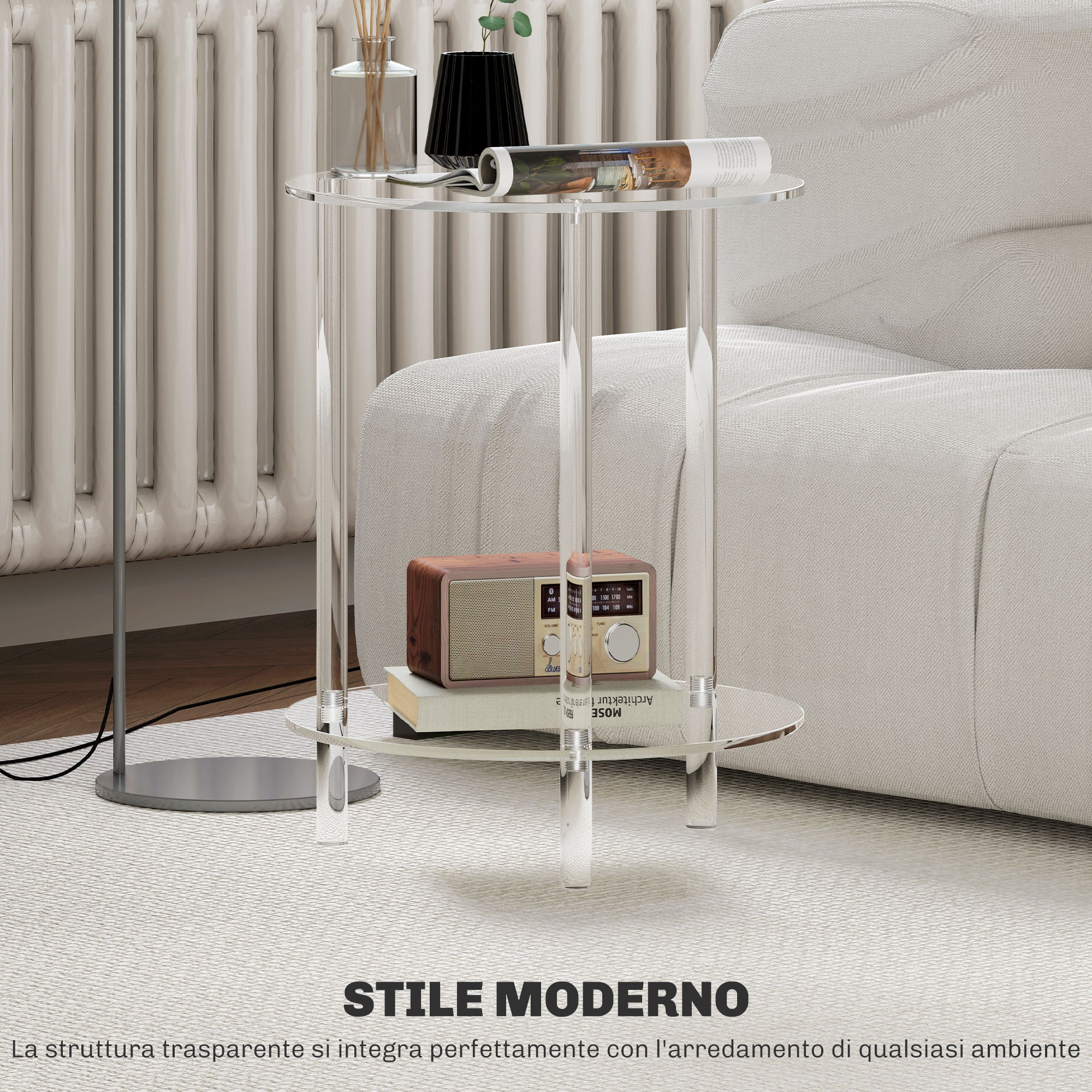 Tavolino da Soggiorno Rotondo a 2 Livelli Ø40x50 cm in Acrilico Trasparente