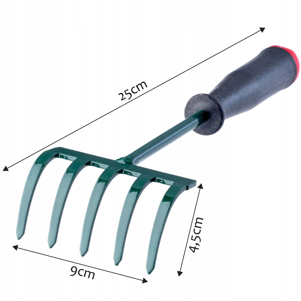 KADAX Piccolo rastrello in metallo per foglie, erba e giardino, 25 cm, 5 denti, manico
