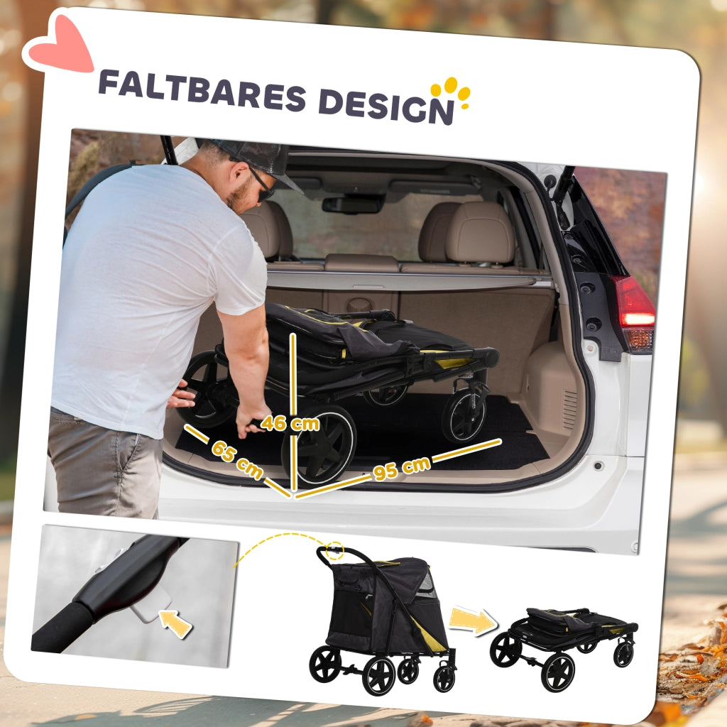 Carrello pieghevole per animali con chiusura a un clic, finestre in rete, ammortizzatori e freni, acciaio grigio scuro 112 × 65 × 100 cm