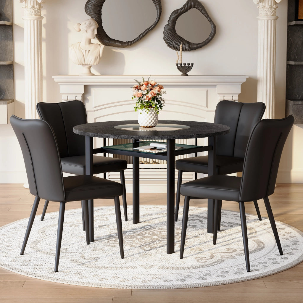 Tavolo da pranzo rotondo per 2-4 persone con piano in MDF e inserto in vetro, ripiano in vetro, nero, diametro 100 cm