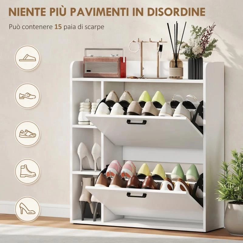 SCARPIERA SLIM CON 2 CASSETTI RIBALTABILI E 3 VANI APERTI, CAPACITÓ 15 SCARPE, 83X24X90.5 CM, BIANCO