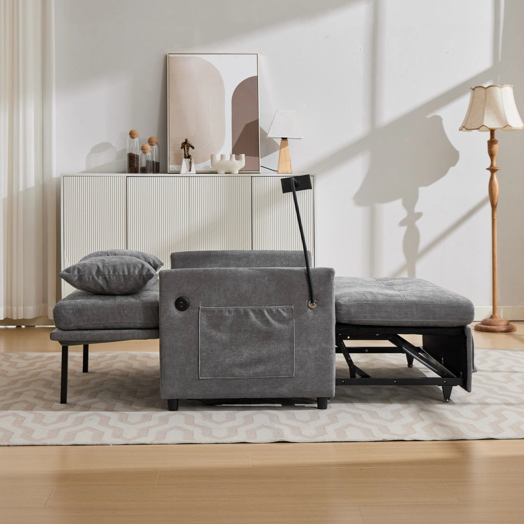 Divano convertibile con porta USB e supporto tablet in tessuto lino spazzolato per studio grigio 109 × 72 × 83,5 cm